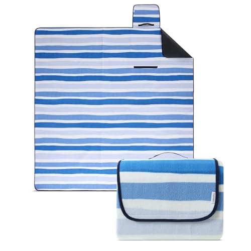 Eco-Line Nachhaltige Wasserdichte Picknickdecke XXL 100% Recycltes Fleece Outdoor-isoliert Streifen Blau HellblauGrün Wa