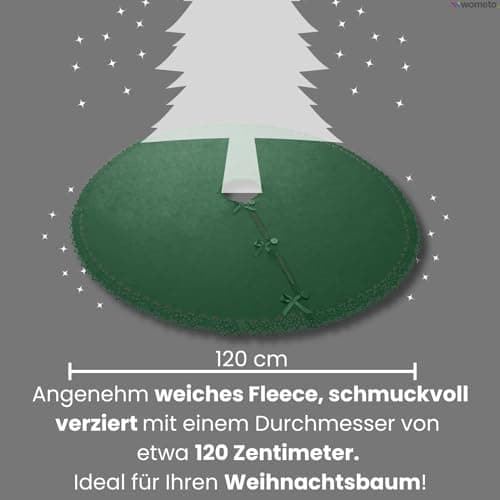 Christbaumdecke Wometo Ø 120 cmGrün – Satinbänder & Knöpfe – Romantisches Landhaus-Muster – Fleece, OEKO-TEX