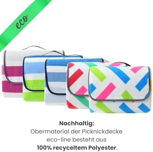 Eco-Line Nachhaltige Wasserdichte Picknickdecke XXL 100% Recycltes Fleece Outdoor-isoliert Streifen Blau HellblauGrün Wa
