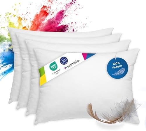 Wometo 4er Set Federkissen: 100% Federn, Oeko-TEX, Baumwolls Bezüge, weiß, kleine Kopfkissen, 40x40 cm, 300g Füllmasse,