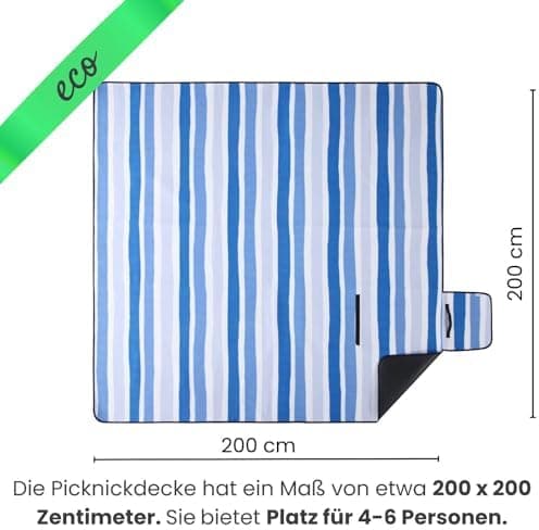 Eco-Line Nachhaltige Wasserdichte Picknickdecke XXL 100% Recycltes Fleece Outdoor-isoliert Streifen Blau HellblauGrün Wa
