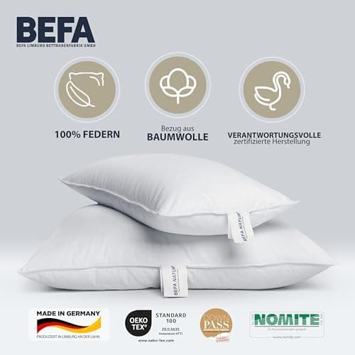 BEFA NATUR Federkissen 80x80 cm (2 Stück) | 100% Federn | Tierwohl zertifiziert | Allergiker geeignet | OEKO-TEX Klasse