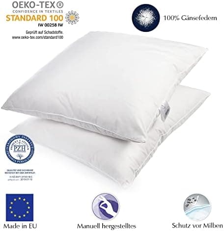 2er Set Premium Qualität Federkissen | Füllung: 1000 Gramm Gänsefedern | Bezug: 100% Baumwolle | 100% Natur Kissen 80x80