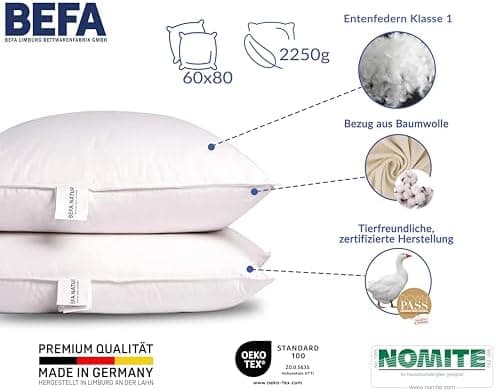 BEFA NATUR Federkissen 40x80 cm extra fest für Allergiker | Kopfkissen Set 100% Federn | 1500g Füllgewicht/Stück | Tierw