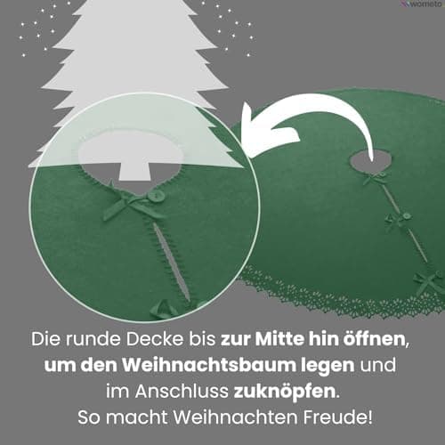 Christbaumdecke Wometo Ø 120 cmGrün – Satinbänder & Knöpfe – Romantisches Landhaus-Muster – Fleece, OEKO-TEX