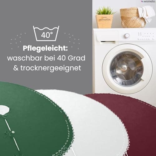 Christbaumdecke Wometo Ø 120 cmGrün – Satinbänder & Knöpfe – Romantisches Landhaus-Muster – Fleece, OEKO-TEX