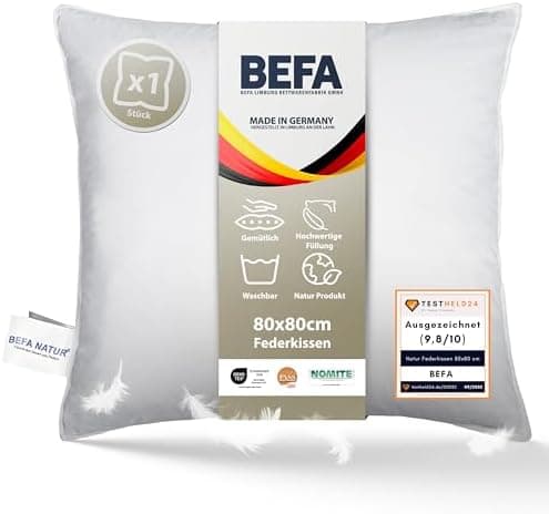 BEFA NATUR Federkissen 80x80 cm (2 Stück) | 100% Federn | Tierwohl zertifiziert | Allergiker geeignet | OEKO-TEX Klasse