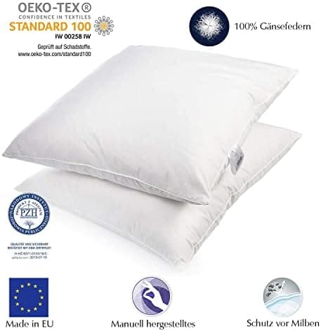 2er Set Premium Qualität Federkissen | Füllung: 1000 Gramm Gänsefedern | Bezug: 100% Baumwolle | 100% Natur Kissen 80x80