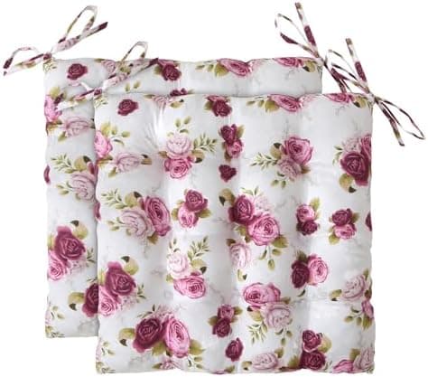 Wometo 2er Set Sitzkissen ROSEN-MOTIV - Stuhlkissen 40x40 OEKO-TEX für Indoor und Outdoor mit Bändern/Schleifen