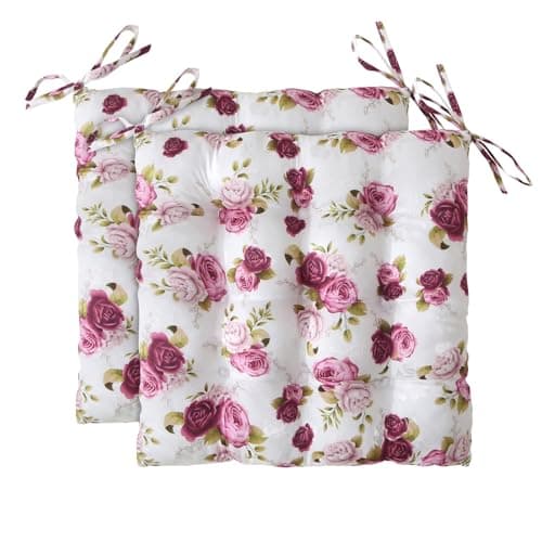 Wometo 2er Set Sitzkissen ROSEN-MOTIV - Stuhlkissen 40x40 OEKO-TEX für Indoor und Outdoor mit Bändern/Schleifen