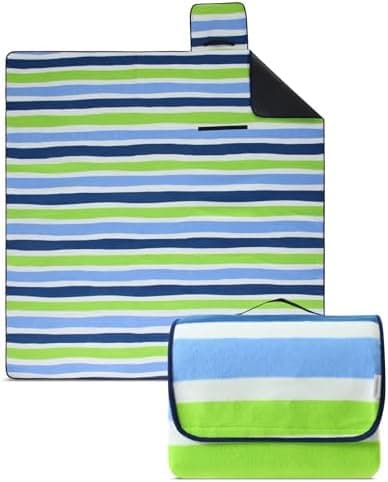 Eco-Line Nachhaltige Wasserdichte Picknickdecke XXL 100% Recycltes Fleece Outdoor-isoliert Streifen Blau HellblauGrün Wa