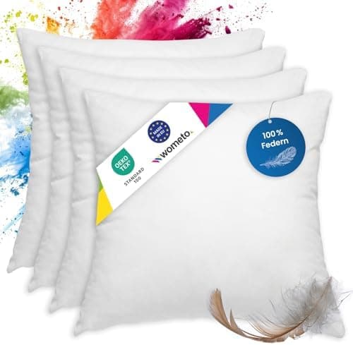 Wometo 4er Set Federkissen: 100% Federn, Oeko-TEX, Baumwolls Bezüge, weiß, kleine Kopfkissen, 40x40 cm, 300g Füllmasse,