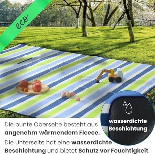 Eco-Line Nachhaltige Wasserdichte Picknickdecke XXL 100% Recycltes Fleece Outdoor-isoliert Streifen Blau HellblauGrün Wa