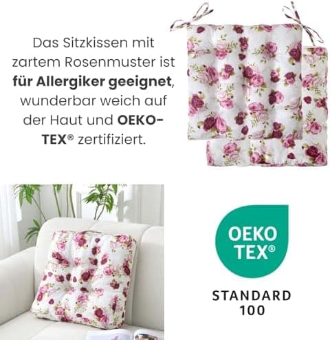 Wometo 2er Set Sitzkissen ROSEN-MOTIV - Stuhlkissen 40x40 OEKO-TEX für Indoor und Outdoor mit Bändern/Schleifen