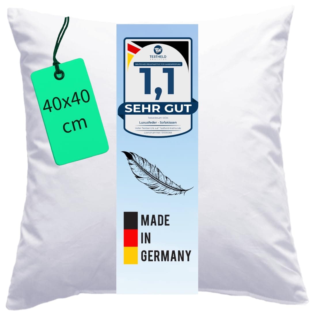 Luxusfeder Sofakissen 100% Baumwolle Bezug - Oeko-Tex
| Daunen Füllung 300g Luxusfeder Kissen - Bezug Baumwolle
| 40x40
