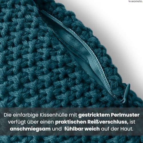 Wometo Oeko-TEX Sofakissenbezug Strick 45x45 türkis Petrol Reißverschluss warme weiche Kissenhülle OEKO-TEX STANDARD 100