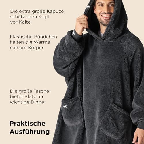BEDSURE Hoodie Decke mit Ärmeln - Warme Kuschelpullover für Frauen - Tragbare Erwachsenendekke Grau OEKO-TEX 95x85 cm