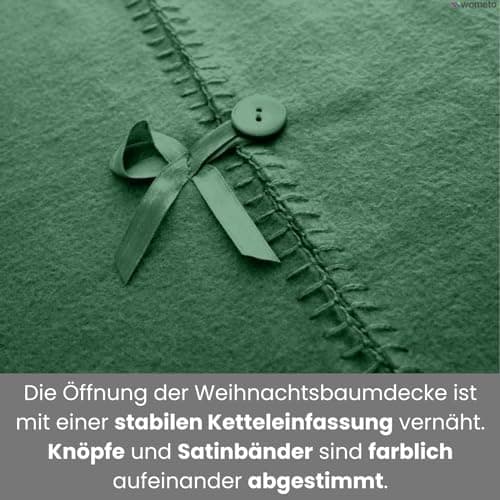 Christbaumdecke Wometo Ø 120 cmGrün – Satinbänder & Knöpfe – Romantisches Landhaus-Muster – Fleece, OEKO-TEX
