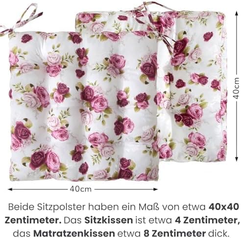 Wometo 2er Set Sitzkissen ROSEN-MOTIV - Stuhlkissen 40x40 OEKO-TEX für Indoor und Outdoor mit Bändern/Schleifen