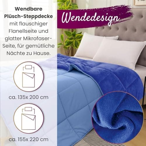 Wometo Plüsch Steppbettdecke Ganzjahresbedienung dunkelblau & blau – warme Winterdecke kuschelig & weich Oeko-TEX Zertif