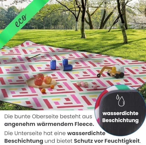 Eco-Line Nachhaltige Wasserdichte Picknickdecke XXL 100% Recycltes Fleece Outdoor-isoliert Streifen Blau HellblauGrün Wa