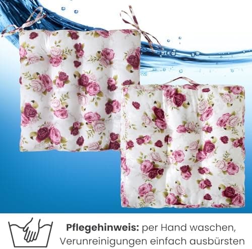 Wometo 2er Set Sitzkissen ROSEN-MOTIV - Stuhlkissen 40x40 OEKO-TEX für Indoor und Outdoor mit Bändern/Schleifen