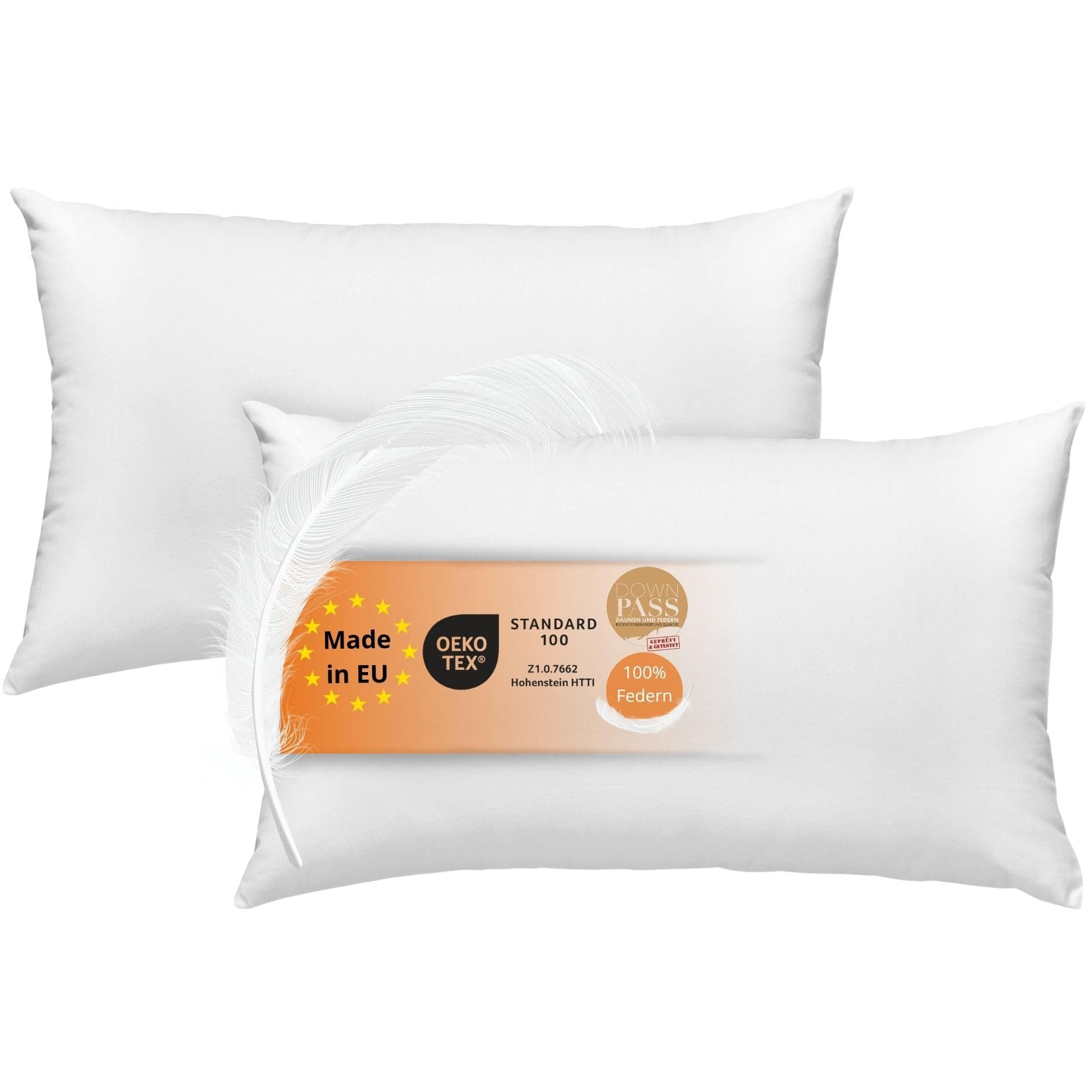 Schlafende 2er Set Kissen 40x60 cm, Federkissen, 100% Baumwolle, OEKO-TEX, 60 Grad waschbar, Made in EU