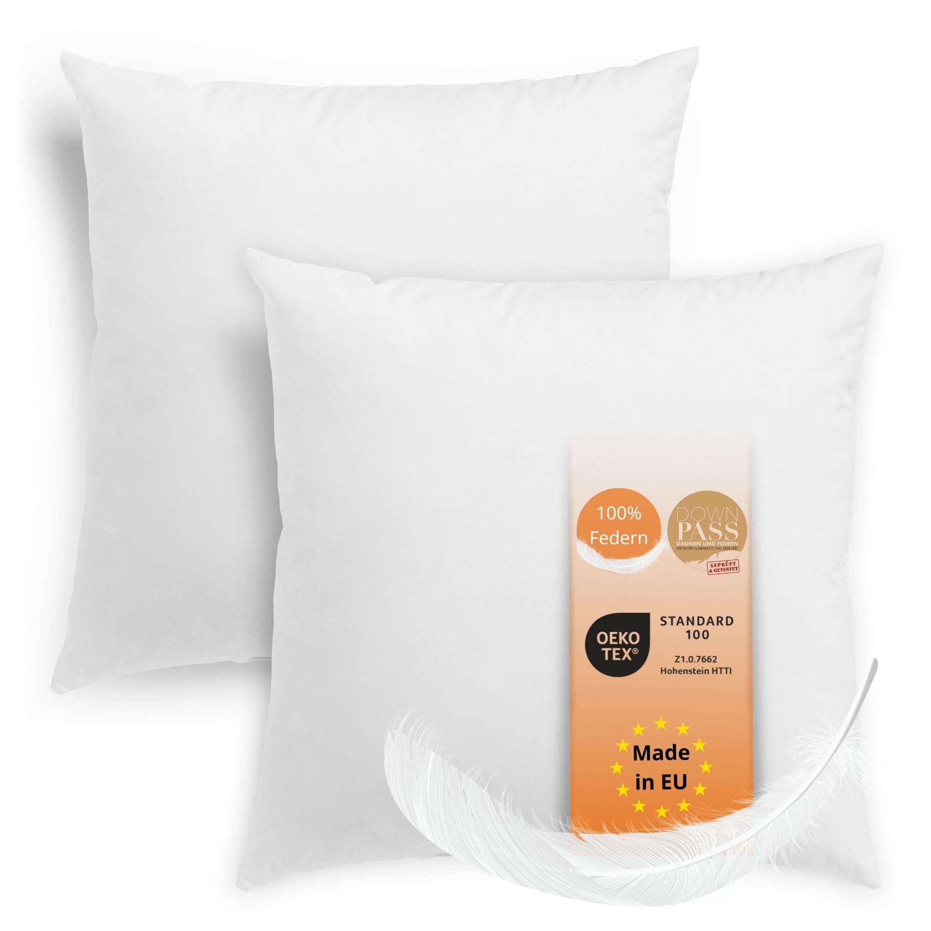 Schlafende 2er Set Kissen 50x50 cm, Federkissen, 100% Baumwolle, OEKO-TEX, 60 Grad waschbar,Made in EU