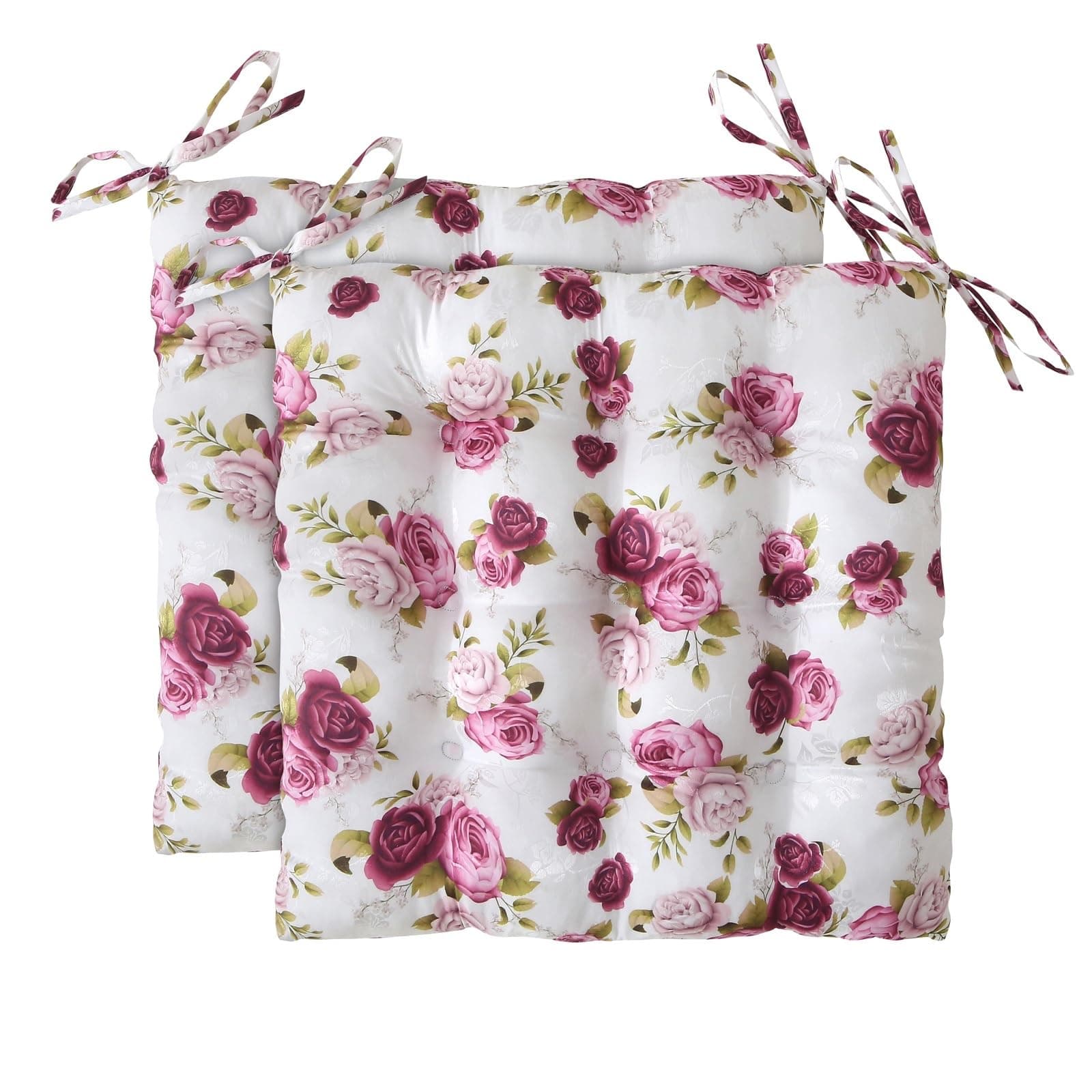 Wometo 2er Set Sitzkissen ROSEN-MOTIV - Stuhlkissen 40x40 OEKO-TEX für Indoor und Outdoor mit Bändern/Schleifen