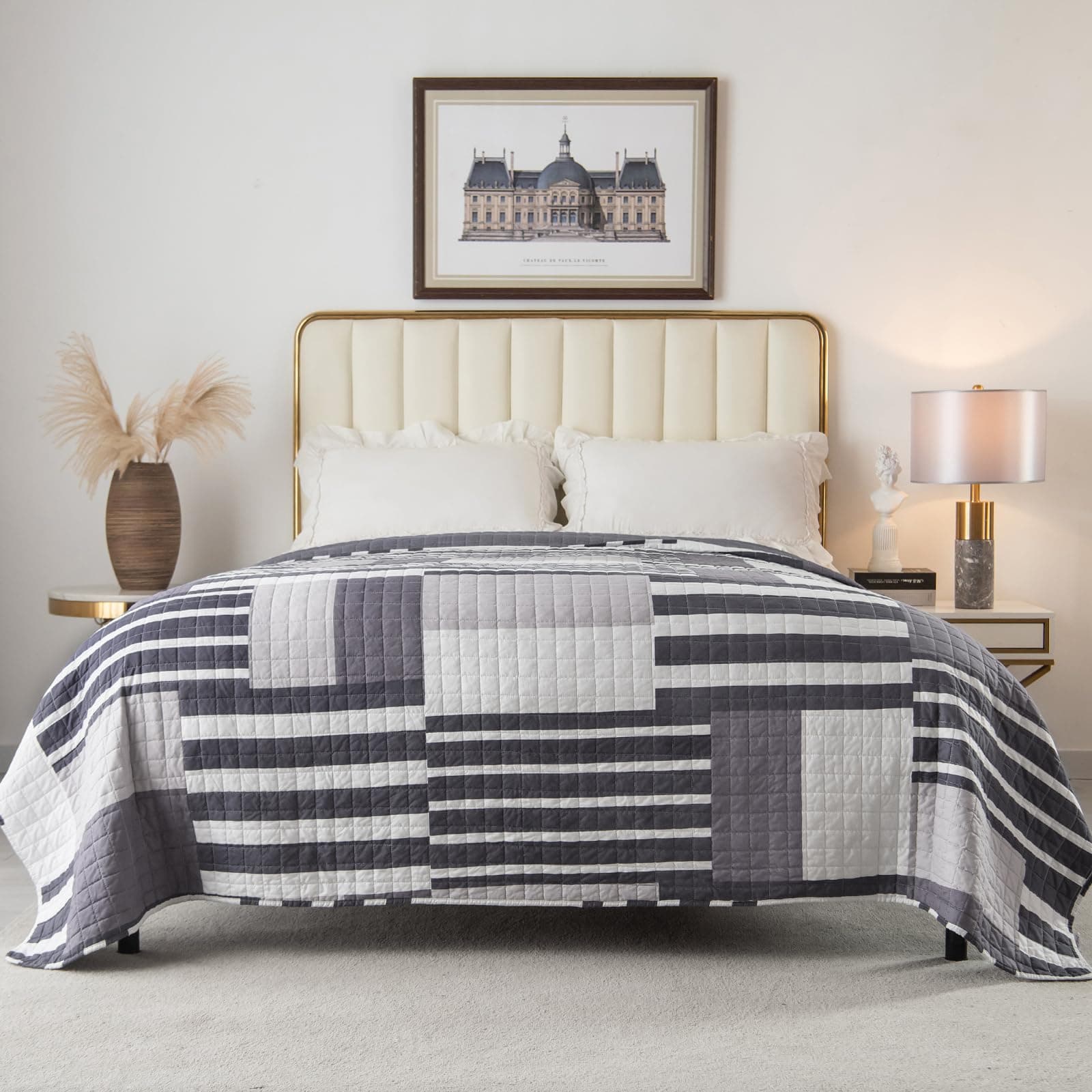 WOLTU Steppdecke 150x200 cm, Patchwork Design, Blau+Weiß, Mikrofaser, Global Recycled Standard, Gebrauchstester und qual
