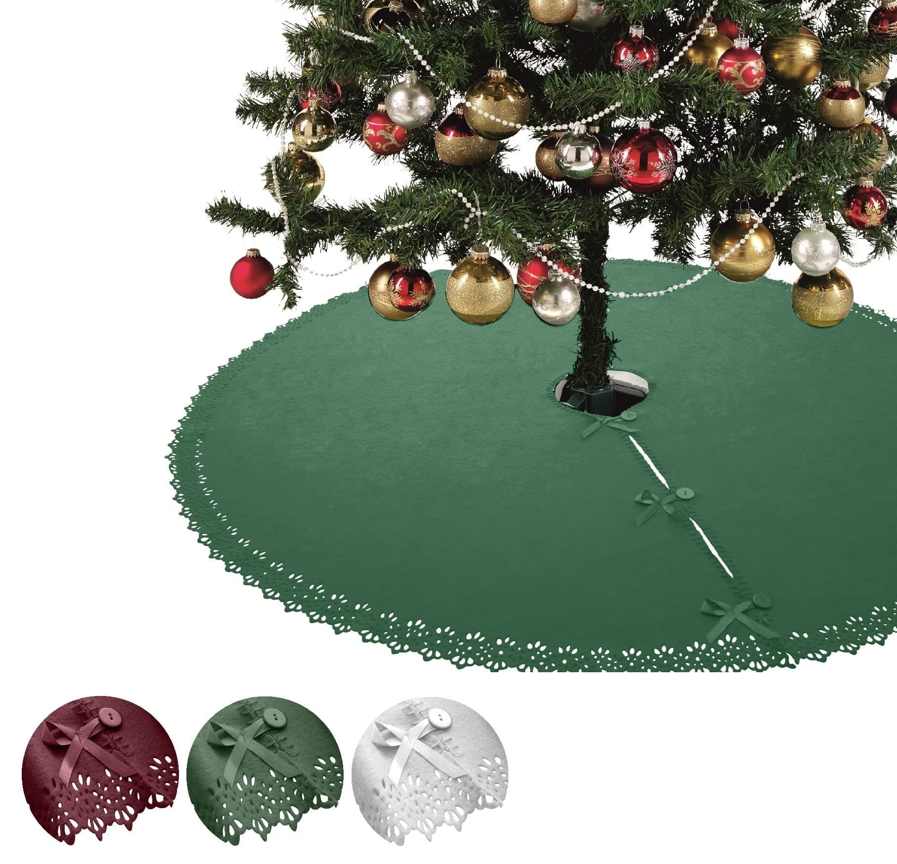 Christbaumdecke Wometo Ø 120 cmGrün – Satinbänder & Knöpfe – Romantisches Landhaus-Muster – Fleece, OEKO-TEX